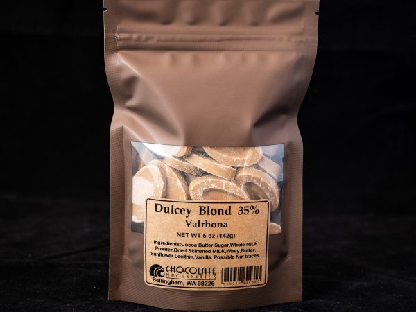 a 5 ounce bag of Valrhona Dulcey Blonde couverture feves.