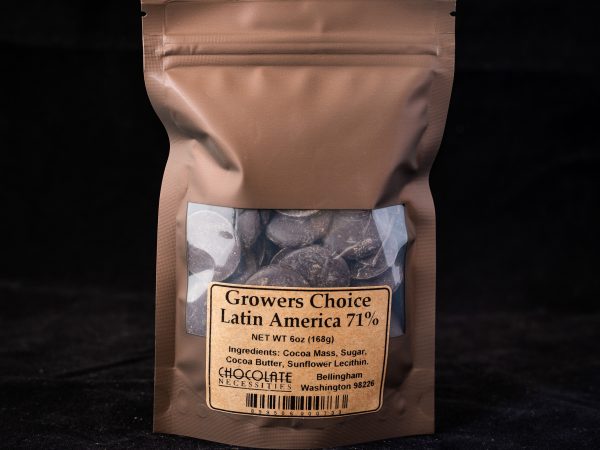 a 5 ounce bag of Grower's Choice 71% couverture drops
