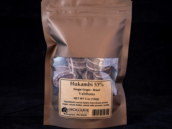 a 5 ounce bag of Valrhona Hukambi 53% couverture feves