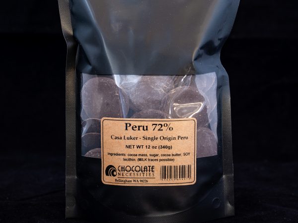 a 12 ounce bag of Luker Peru 72% couverture discs