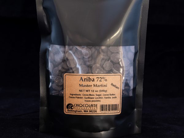 a 12 ounce bag of Master Martini Ariba 72% couverture discs