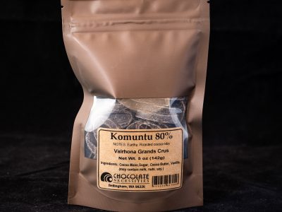 a 5 ounce bag of Valrhona komuntu 80% couverture feves.