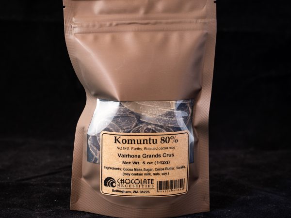 a 5 ounce bag of Valrhona komuntu 80% couverture feves.