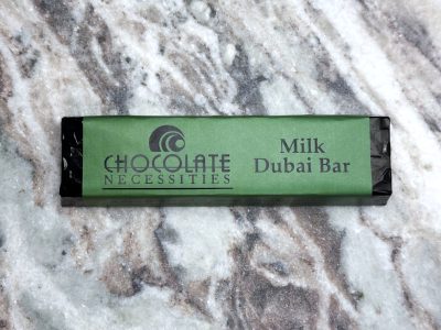 Dubai Chocolate Bar made with couverture chocolate, pistachio paste, and kadayif.