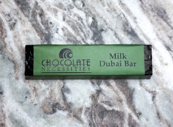 Dubai Chocolate Bar made with couverture chocolate, pistachio paste, and kadayif.